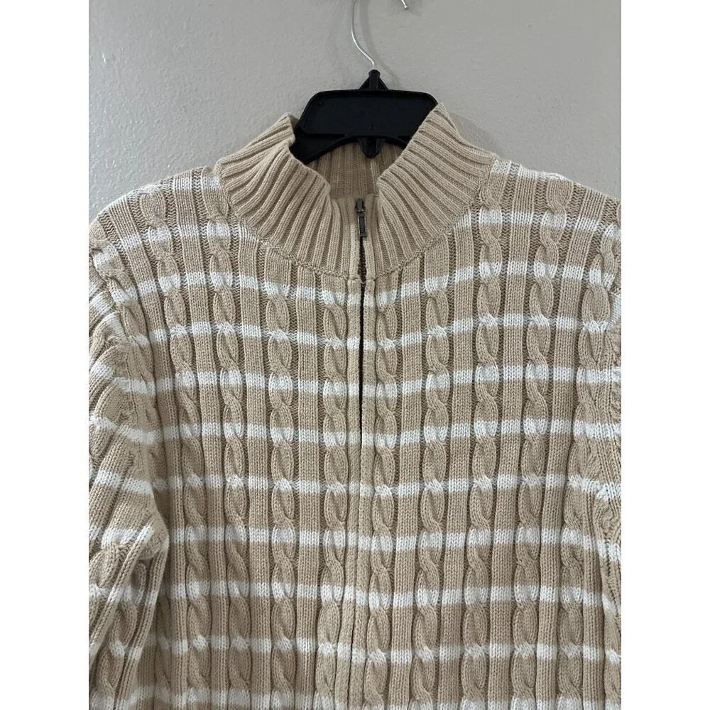 L.L.Bean womens tan white striped cable knit full-zip sweater cardigan cotton Xl